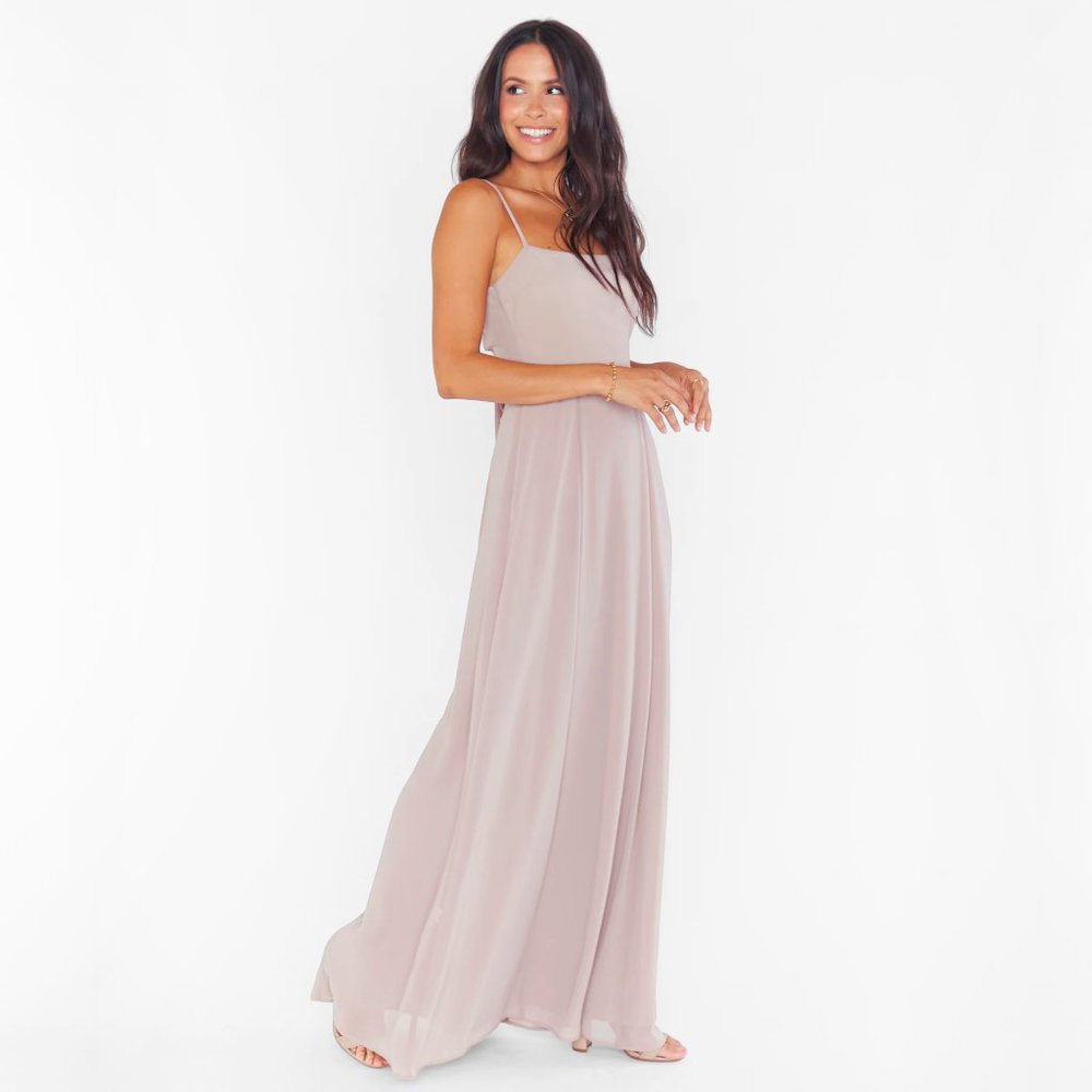 Show Me Your Mumu Lauren Tie Back Dove Grey Chiffon Bridesmaid Maxi Dress - Picture 3 of 16